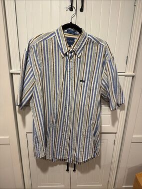 Faconnable Short-Sleeve Button-Down Shirt in Blue, Cream & Tan Stripes